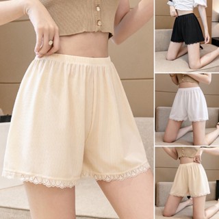 กางเกงบ็อกเซอร์ขาสั้นสําหรับสตรีผ้าไหมสีพื้นปักลายลูกไม้สีพื…