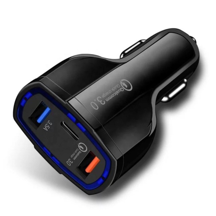 Fast CHARGING car Charger 3 PORT 2 USB + 1 TYPE C Fast CHARGING Qualcomm 7A 35W สีดํา P2B2 ใหม่คุณภา