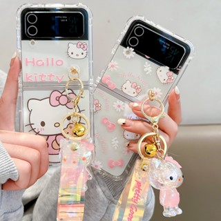 เคสโทรศัพท์มือถือ PC แข็ง กันกระแทก ลายการ์ตูนเฮลโลคิตตี้น่ารัก พร้อมจี้เลเซอร์ สําหรับ Samsung Galaxy Z Flip 4 5G Z Flip 3