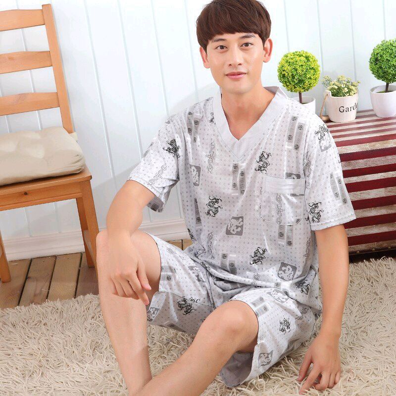 JF35-ชุดนอน2ชี้นคอวีเนื้อผ้านิ่มยืดได้เยอะผ้าใส่สบายใส่ได้ทั้งหญิงและชาย#สุ่มลายนะค่ะ