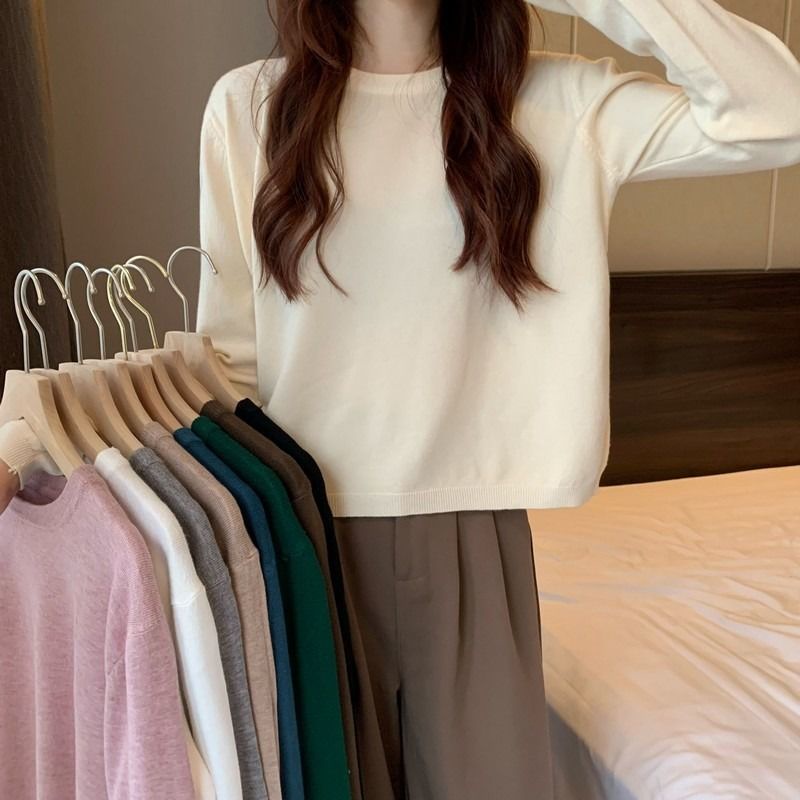 ✗เสื้อยืดแขนยาวผู้หญิงหลวมด้านในเสื้อด้านล่างและฤดูหนาว 2022 ใหม่คอกลมสีขาวต้นฤดูใบไม้ร่วงเสื้อยืด
