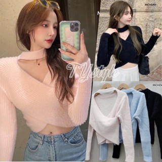 เสื้อไหมพรมแขนยาว คอวีแต่งป้ายหน้า โชคเกอร์คอ ขนมิ้งนุ่มมม ใส่ได้ 2 ด้าน #MD-03