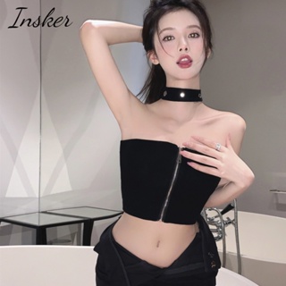 Insker- เสื้อครอปท็อป แขนกุด เปิดไหล่ข้างเดียว ผ้าถัก แฟชั่นฤดูร้อน สําหรับผู้หญิง