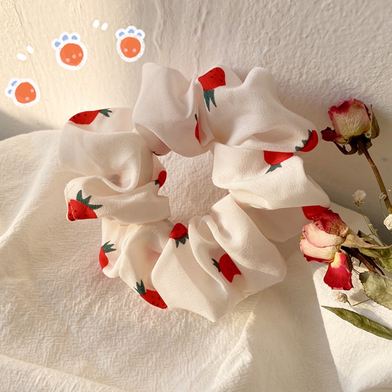 ยางรัดผมหางม้า แบบยืดหยุ่น พิมพ์ลายสตรอเบอร์รี่น่ารัก ขนาดใหญ่ สไตล์เกาหลี สําหร