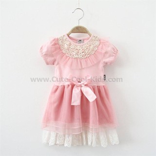 Dress-326 ชุดกระโปรงเด็กหญิง สีชมพู ลูกไม้ สีชมพู Size-120 (5-6Y)