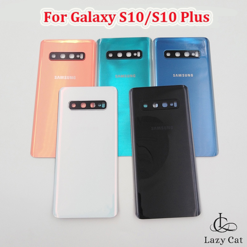 สําหรับ Samsung S10 SM-G973F ฝาหลังกระจกด้านหลังเปลี่ยนแบตเตอรี่สําหรับ Galaxy S10 + S10 Plus SM-G975F + เลนส์กล้อง