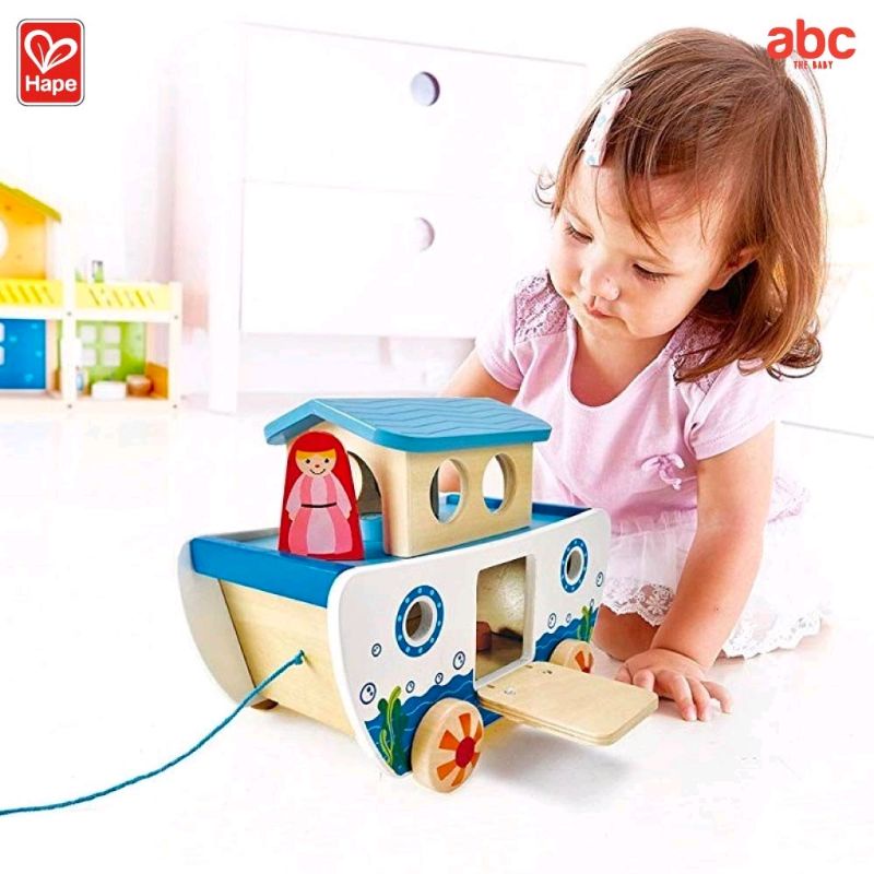 Hape - Push&Pull เรือโนอาร์ อาร์ก ลากจูง หยอดบล็อค Pull A-Long Noah’s Ark (12M+) หยอดบล็อค - E8049