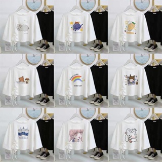 SALABO(พร้อมส่ง) 15ลาย เสื้อยืดแขนสั้น ครอปแขนสั้นคอกลม ทรงหลวม เเต่งเชือกรูดข้างๆเก๋ แขนสามส่วน #A32