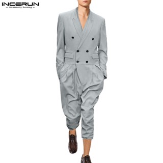 Incerun ชุดจั๊มสูท คอปก แขนยาว กระดุมสองแถว แฟชั่นสําหรับผู้ชาย