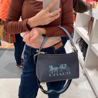 (ผ่อน0%) กระเป๋าสะพายข้าง สะพายไหล่ Coach Clara Shoulder Bag With Horse And Carriage CE585 สีกรมท่า 10นิ้ว