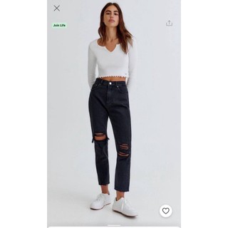 กางเกงยีนส์ สีเทาดำแต่งขาดสุดเซอร์PULL&amp;BEAR Mom jeans