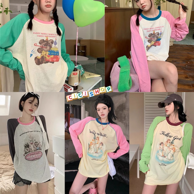 Cicishop(8311)เสื้อแขนยาวสกรีนลายวินเทจoversize สีสวยจ้าบมากกทรงหลวม สไตล์เกาหลี