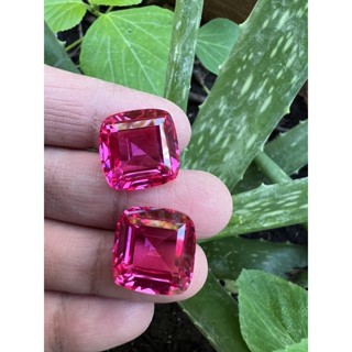 สีชมพู Synthetic PINKISH SAPPHIRE BURMA RUBY Cushion 15X15 mm- pair (2 pcs) 42 carats ทับทิม พม่าเทียม 42 กะรัต(CARATS)