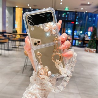 เคสโทรศัพท์มือถือ PC แบบแข็ง ใส กันกระแทก ลายดอกไม้ พร้อมสายโซ่คล้อง สําหรับ Samsung Galaxy Z Flip 3 5G Z Flip 4