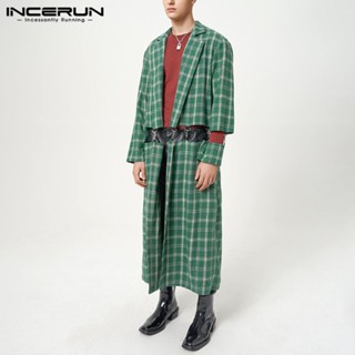 Incerun เสื้อโค้ทยาว แขนยาว ลายตารางหมากรุก ฉลุลาย แฟชั่นสําหรับผู้ชาย