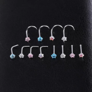 1 ชิ้นคริสตัลสีสันสดใสสแตนเลสจมูกเจาะรอบหัวใจ Star CZ Studs Nostril เครื่องประดับ