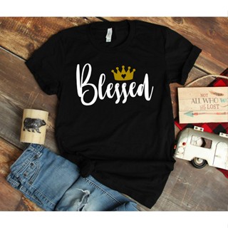 เสื้อยืดแขนสั้นลําลอง ผ้าฝ้าย พิมพ์ลาย BLESSED สําหรับผู้หญิง