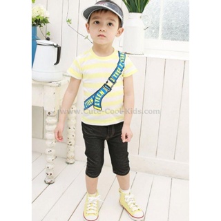 STPB-114 ชุดเซ็ทเด็กผู้ชายแขนสั้นขาสั้น สีเขียวเหลือง Size-100 (3-4Y)