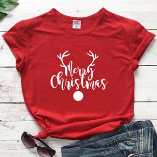 ⚡️ พร้อมส่ง⚡️ Merry Christmas Deer T Shirt Cotton Women Winter Holiday Gift Tshirt Cute Women Short Sleeve Graphic Xmas