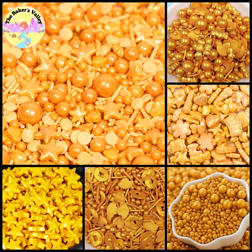 พร้อมส่งในไทย น้ำตาลตกแต่งเค้ก คัพเค้ก เม็ดมุกน้ำตาล ของแต่งเค้ก เบเกอรี่ สีทอง ขนาด 30/50/100 กรัม