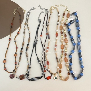 INS Korean Women Vintage Geometric Chinese Beaded Natural Stone Handmade Necklace Color Blocking Personality Unique Clavicle Chain Girls Fashion Retro Jewelry Accessories