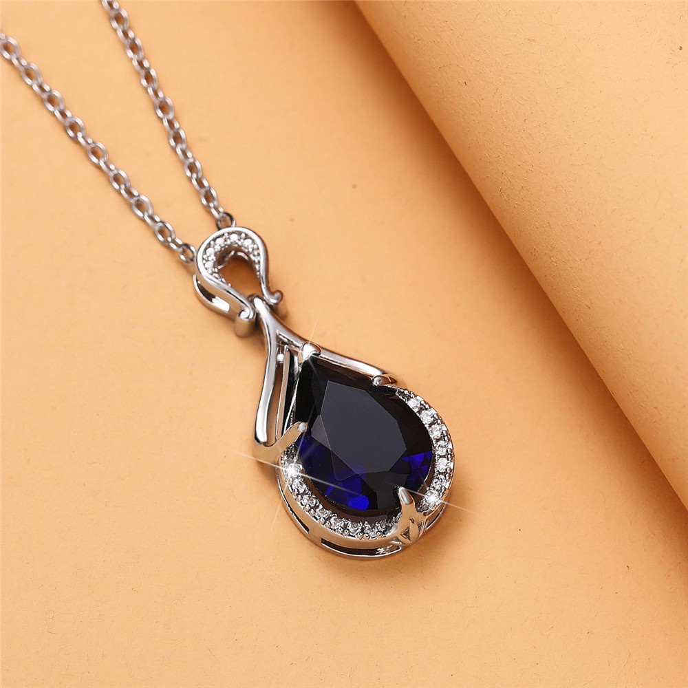 100% 925 เงินสเตอร์ลิงหรูหราอารมณ์ Blue Pear Cubic Zirconia จี้สร้อยคอผู้หญิงครบรอบงานแต่งงานอุปกรณ์เสริมเครื่องประดับ