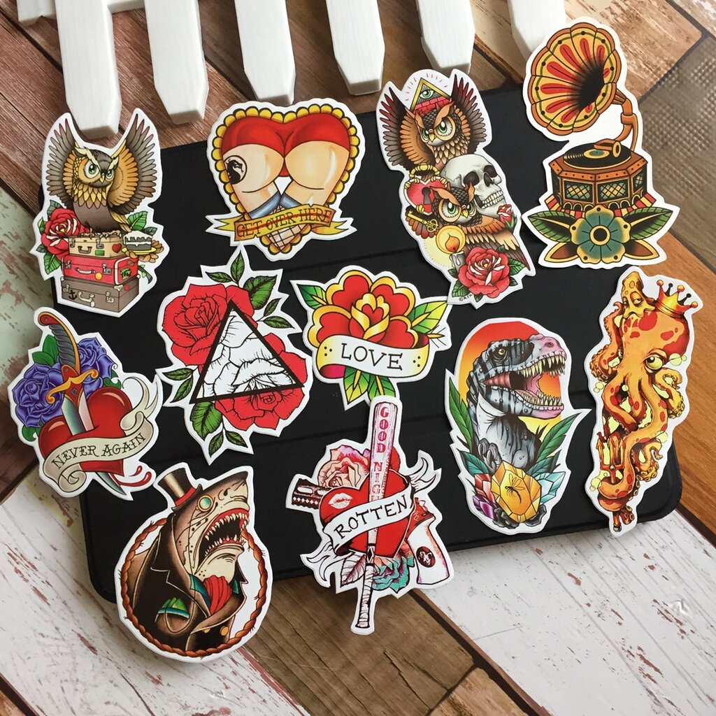 ลายสัก แนว old school สติกเกอร์ เคลือบกันน้ำ ติดกระเป๋าเดินทาง มอเตอร์ไซด์ Laptop เคสโทรศัพท์ กระบอก