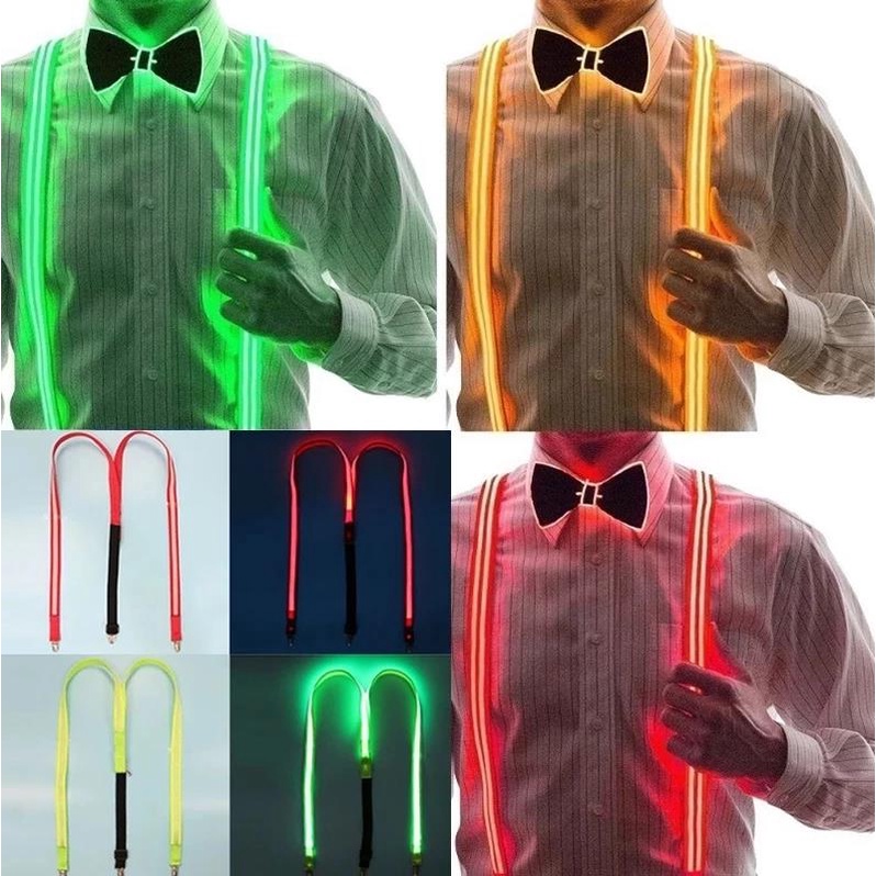 Led Suspender Bow Tie ชุดสําหรับผู้ชายผู้หญิง Unisex Glow Neon Suspenders Luminous เครื่องแต่งกายเต้นรําไฟงานแต่งงานตกแต่งคริสต์มาส