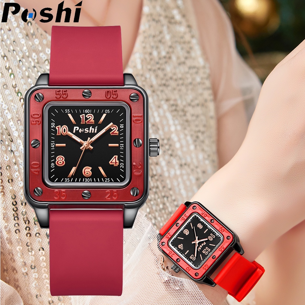 POSHI นาฬิกาข้อมือควอทซ์ หน้าปัดสี่เหลี่ยม กันน้ํา สีเขียว สไตล์วินเทจ เรียบง่าย แฟชั่นสําหรับผู้หญิง