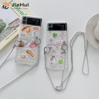 Jiehui เคสโทรศัพท์มือถือ แบบสติกเกอร์ สไตล์เกาหลี พร้อมสายโซ่กระดาษ สําหรับ Samsung Z Flip4 Z Flip3 DIY