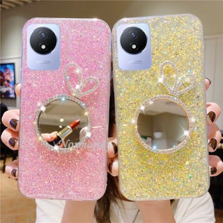 พร้อมส่ง เคสโทรศัพท์มือถือซิลิโคน TPU แบบนิ่ม ลายกลิตเตอร์ฟอยล์สีทอง พร้อมกระจกแต่งหน้า สําหรับ VIVO Y02 Y02s Y16 Y22 Y22S Y35 V25 Pro 5G V25E 4G