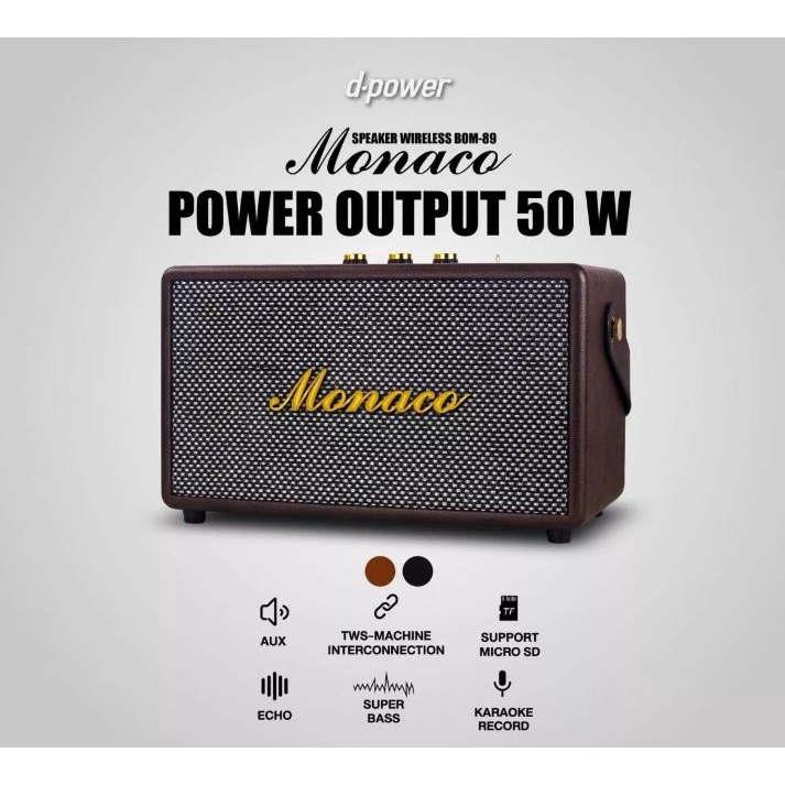 BOM89  Monaco  ลำโพงบลูทูธสไตล์เรโทร กำลังขับ 50W รองรับไมโครโฟน Super Bass  TWS  MP3 EQ