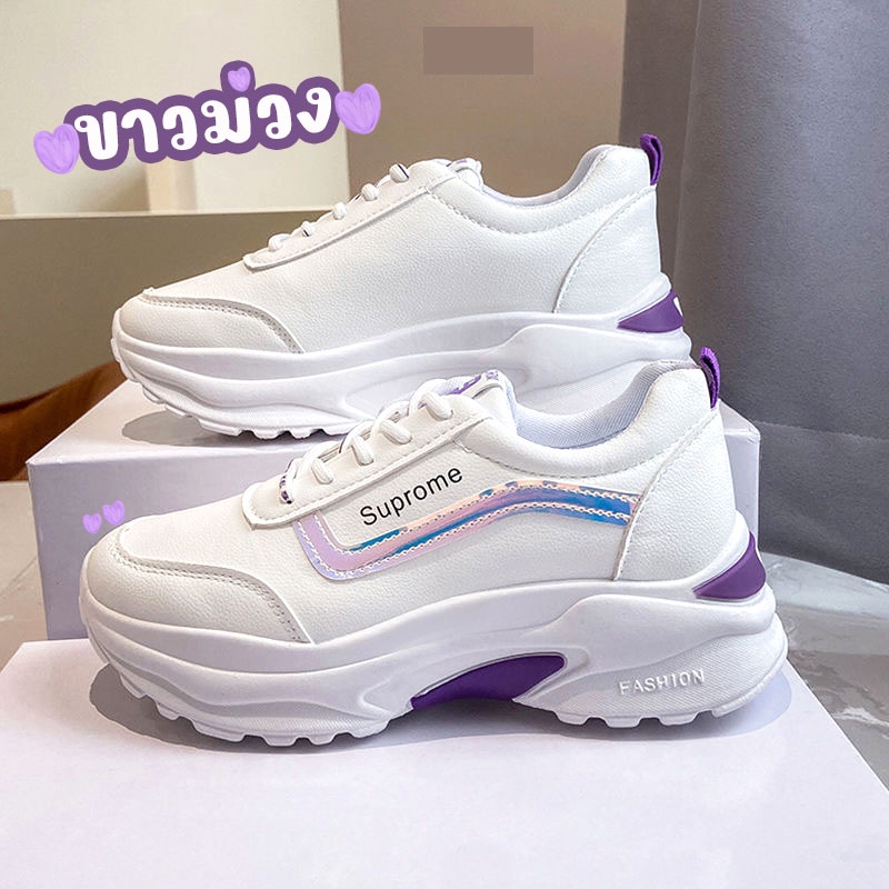sneaker.world ม่วงชมพู เบอร์ 36-41 รองเท้าผ้าใบ ผู้หญิง สีขาว เส้นสะท้อนแสง สีพาสเทล ม่วง ชมพู พร้อมส่ง