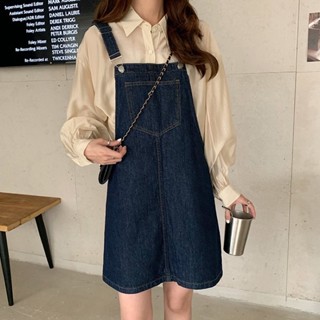 Many Jeans Dress Overalls เอี๊ยมกระโปรงยีนส์สั้นสียีนส์เข้ม