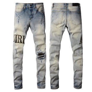 [พร้อมส่ง] ​AMIRI MX1 leather patch jeans washed ripped Strech Slim Fit Men Jean ยีนส์ Amiri