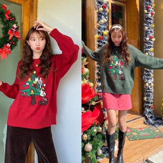 chuuchop_พร้อมส่ง(C7940)🎄🧸✨Christmas sweater เสื้อสเวตเตอร์ไหมพรมแขนยาว ลายต้นคริสมัส มี2สี