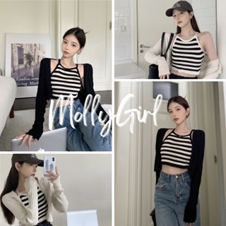 mollygirl เสื้อ 2 ชิ้นแขนยาวลายทาง มินิมอล เสื้อแฟชั่นผญ 2899#