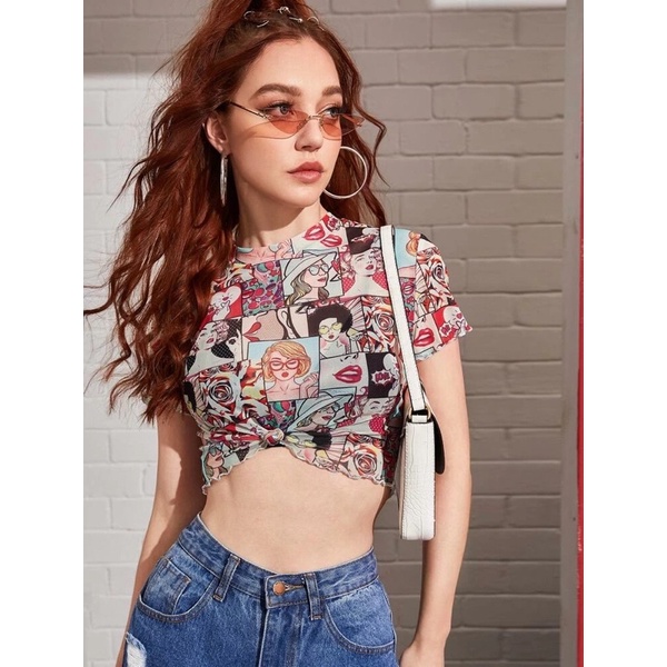 [SIS.SIE พร้อมส่ง] NEW เสื้อครอปซีทรู ขอบหยัก ป๊อปอาร์ท POP-ART