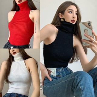 900Shop📌เสื้อไหมพรมคอเต่าสูง 3 สี แขนกุดสโลป ผ้ายืดได้เยอะ