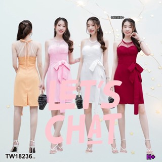 SS18236 เดรส แขนกุด ไหล่ตาข่าย แต่งโบว์ Sleeveless dress, mesh shoulder, bow decoration