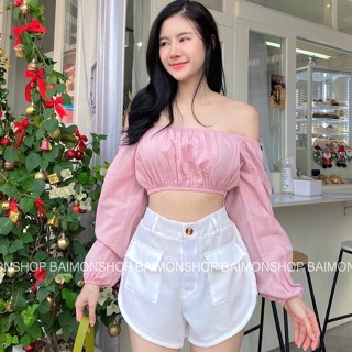 🍭🌈เสื้อครอปแขนยาว สม็อคปาดไหล่จั้มเอว งานสวยน่ารัก ผ้าใส่สบาย ใส่เที่ยว ใส่ไปทะเล ใส่ถ่ายรูปซิลๆ free size 🎀