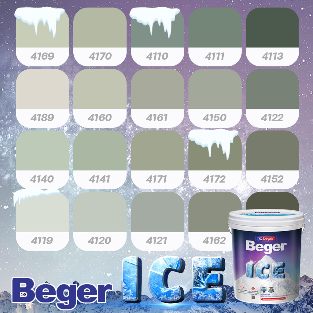 สีทาบ้าน 18 ลิตร Beger สีเขียวอมเทา กึ่งเงา Beger ICE สีทาภายนอกและใน เช็ดล้างได้ กันร้อนเยี่ยม เบเยอร์ ไอซ์