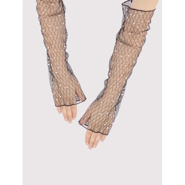 พร้อมส่งในไทย ถุงมือตาข่าย ถุงมือยาว ปลอกแขน สีดำ แต่งเพชร