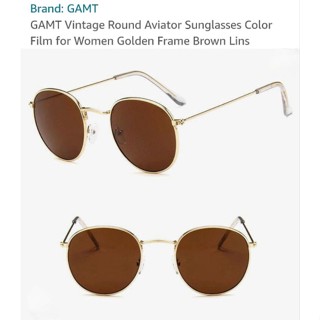 แว่นกันแดด GAMT Vintage Round Aviator Sunglasses Color Film for Women Golden Frame Brown Lens. 48mm.