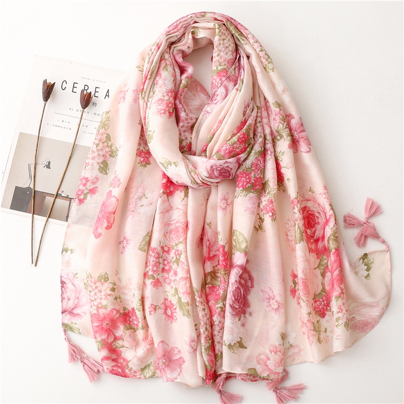 ผ้าพันคอ ผ้าคลุมไหล่ แบบบาง ลายดอกไม้ หรูหรา แฟชั่นฤดูใบไม้ผลิ และฤดูร้อน