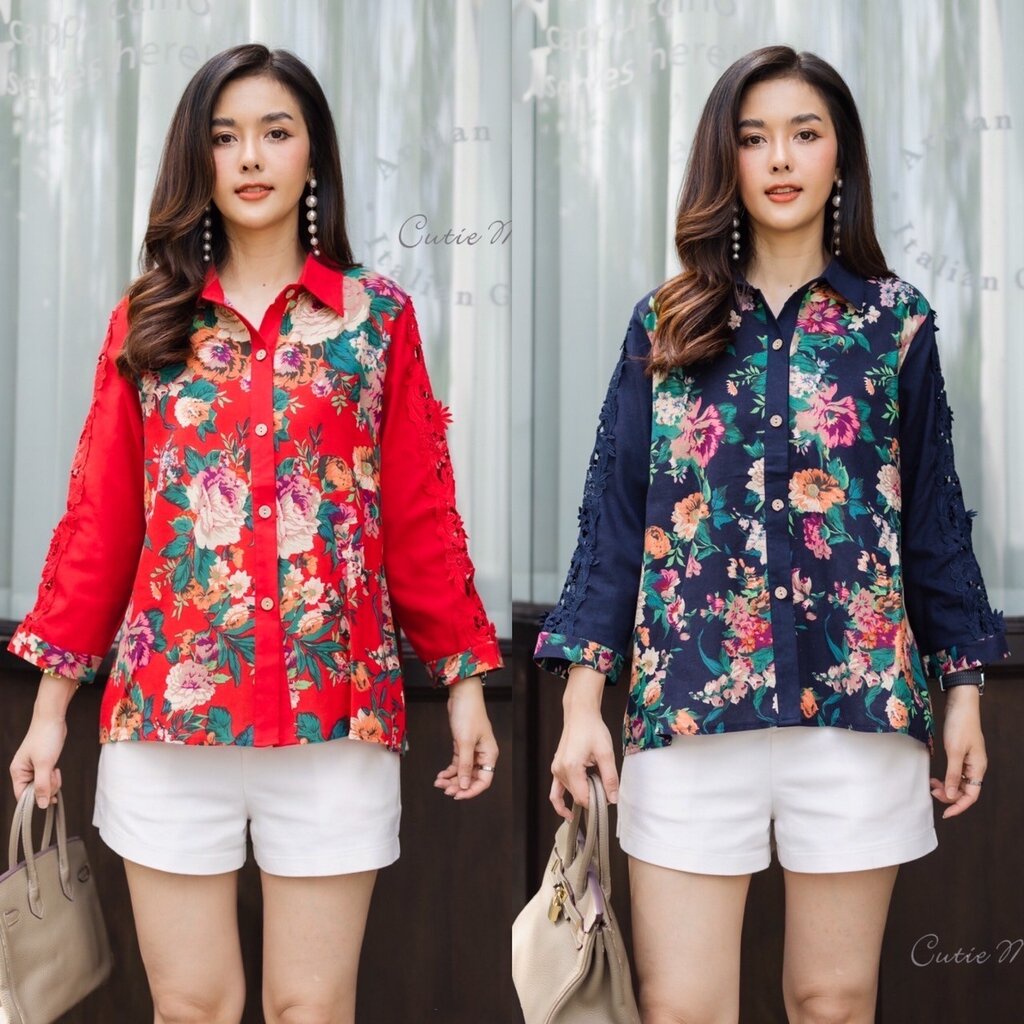 P8863 เสื้อเชิ้ตลินินฝ้ายเกาหลี เนื้อผ้าหนากำลังดี ลายพิมพ์ดอกไม้สวยคมชัด ตัดต่อแถบด้วยผ้าลูกไม้ที่แขน อก 44 ยาว 25 นิ้ว