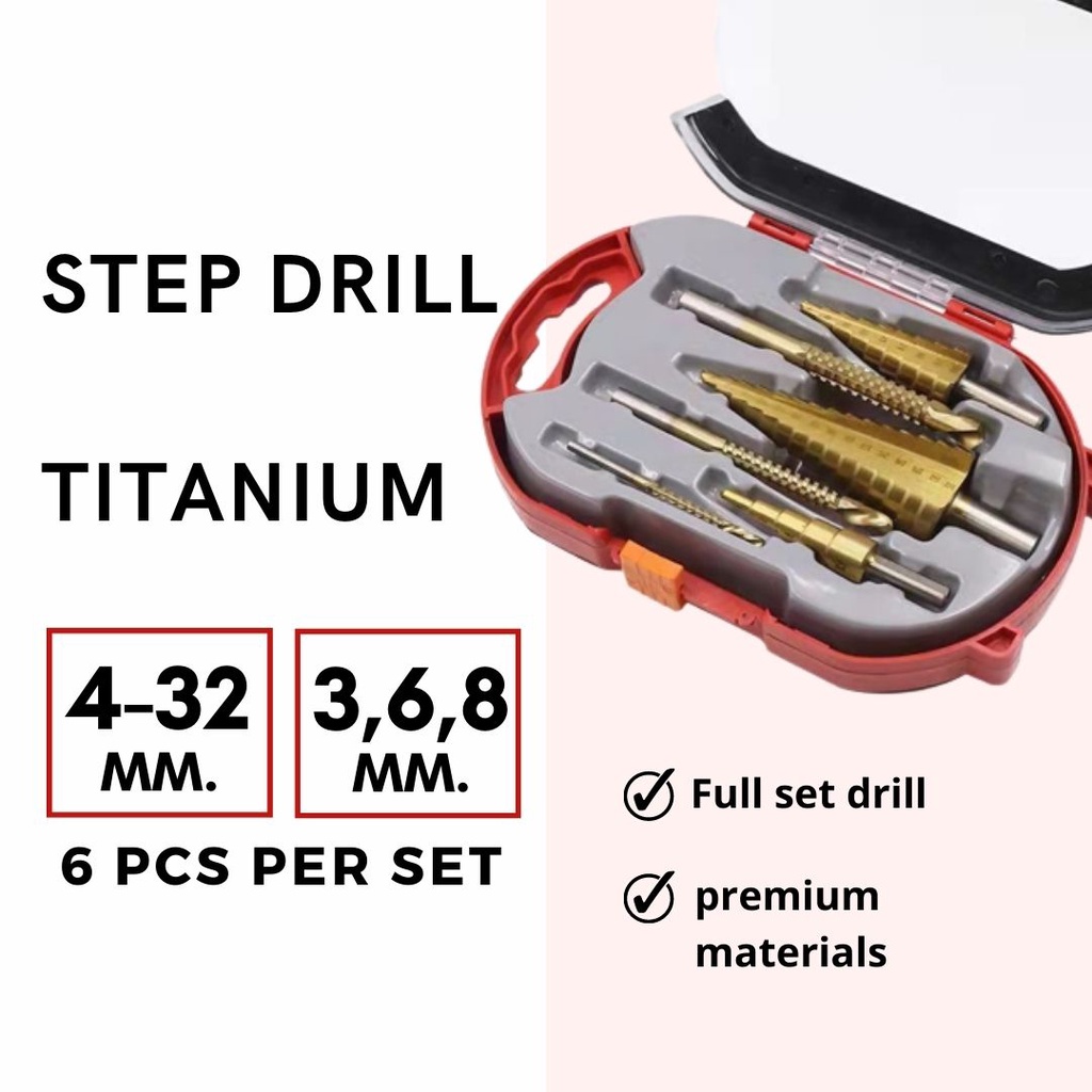 ดอกสเต็ป ทรงเจดีย์ เจาะขยาย คว้านรู ขนาด 4-32 มม. Step Drill Titanium Size 4-32mm. 3 Pcs.Set / 6 Pcs.Set