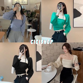 Cicishop(Z1047)Set 2 ชิ้น สายเดี่ยว+เสื้อคลุมไหมพรมดีเทลแสนเก๋ แมชได้ทุกลุคแบบต๊าช！