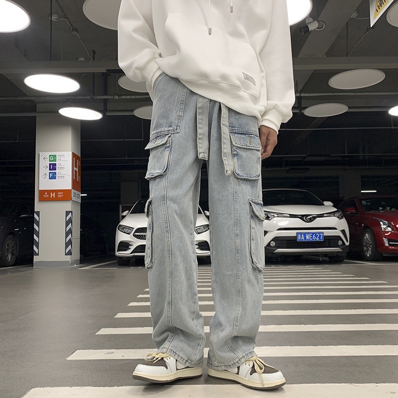 กางเกงยีนส์โดยรวมหลายกระเป๋าผู้ชาย ins Street Hip-Hop Casual Wide-Leg Floor @