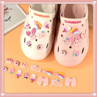 ชุดตัวติดรองเท้า Crocs ลายการ์ตูนหมู โบว์ สีชมพู ถอดออกได้ DIY สําหรับตกแต่งรองเท้า